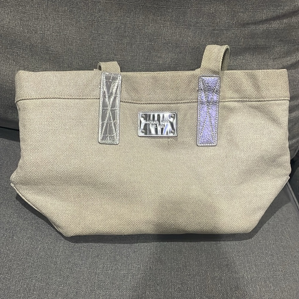 Michael Kors Canvas Tote with Silver Accents on Handle and logo emblem